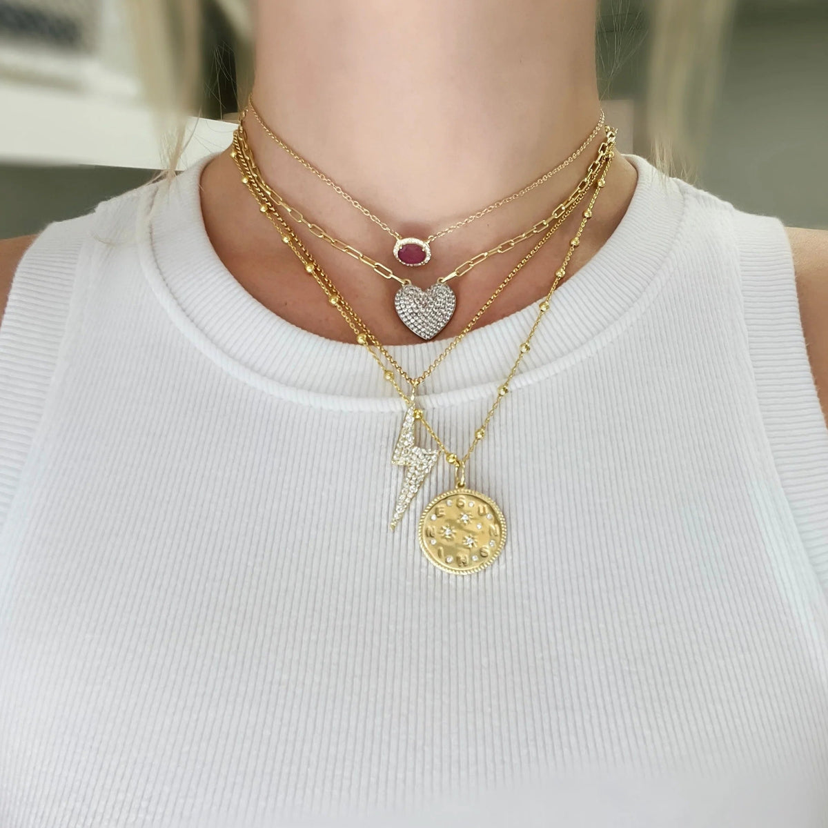 pave medium heart charm necklace