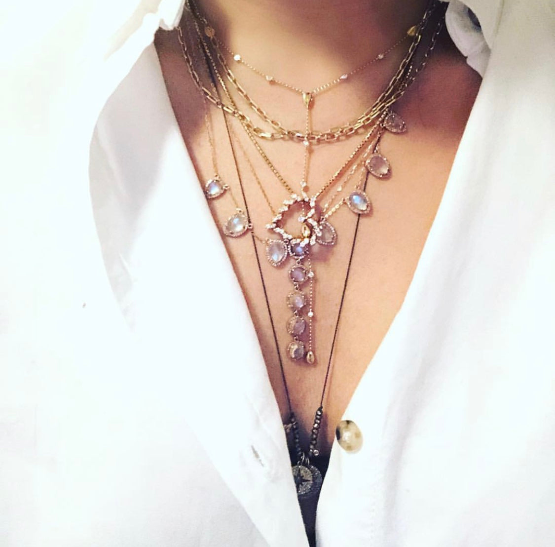 ela rae layered gold necklace look hearts and moonstone