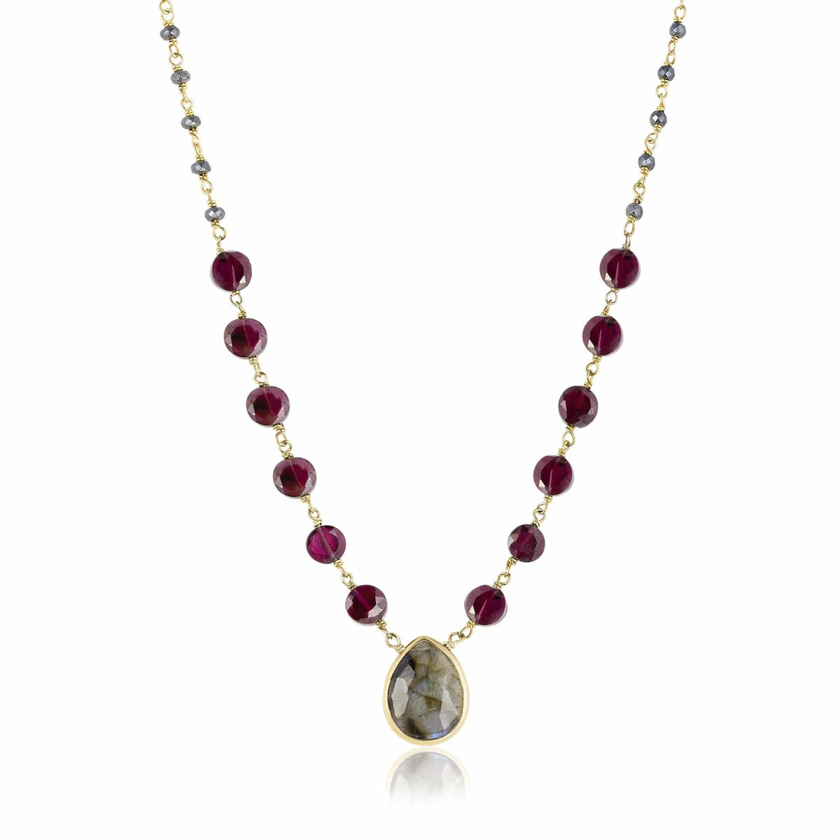 ela rae ara pendant necklace garnet hematite labradorite 14k yellow gold plate