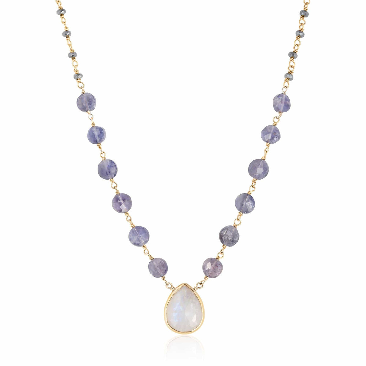ela rae ara pendant necklace polite hematite rainbow moonstone 14k yellow gold plate