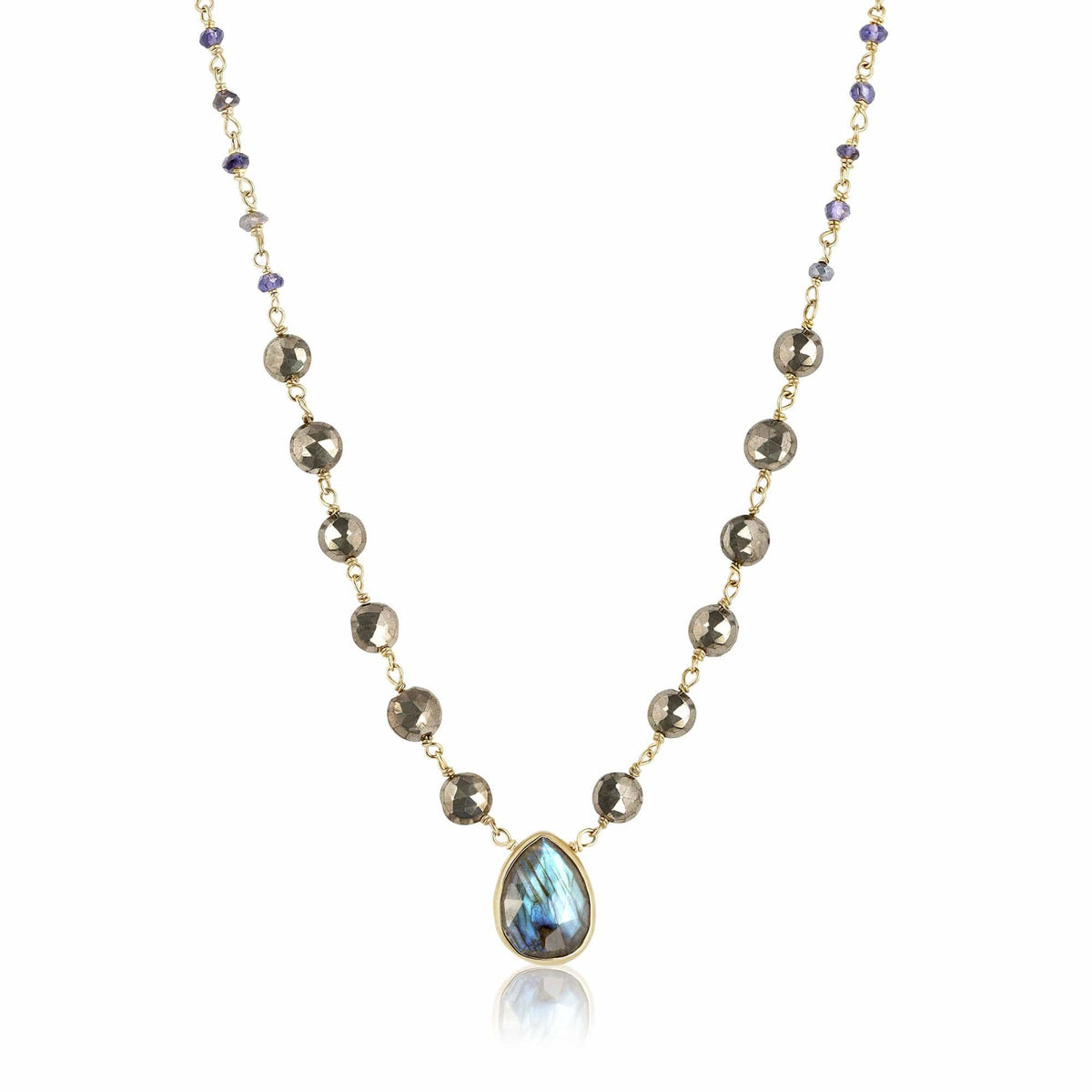 ela rae ara pendant necklace pyrite iolite labradorite 14k yellow gold plate