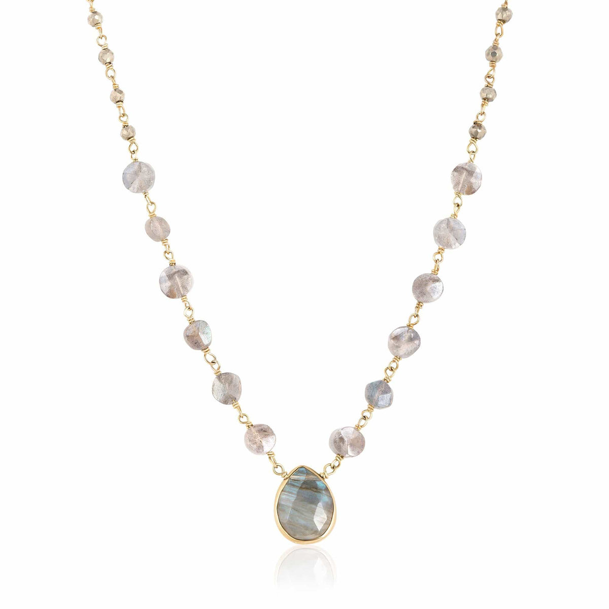 ela rae ara pendant necklace labradorite pyrite 14k yellow gold plate