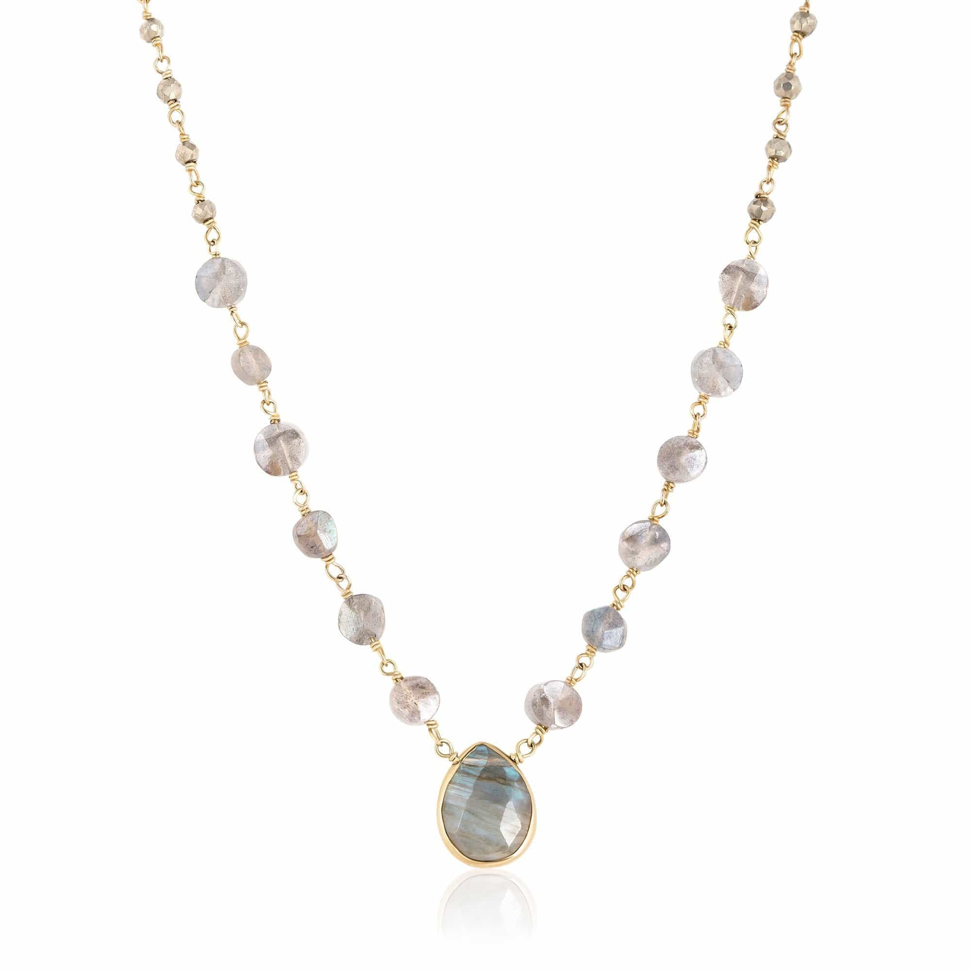 ela rae ara pendant necklace labradorite pyrite 14k yellow gold plate