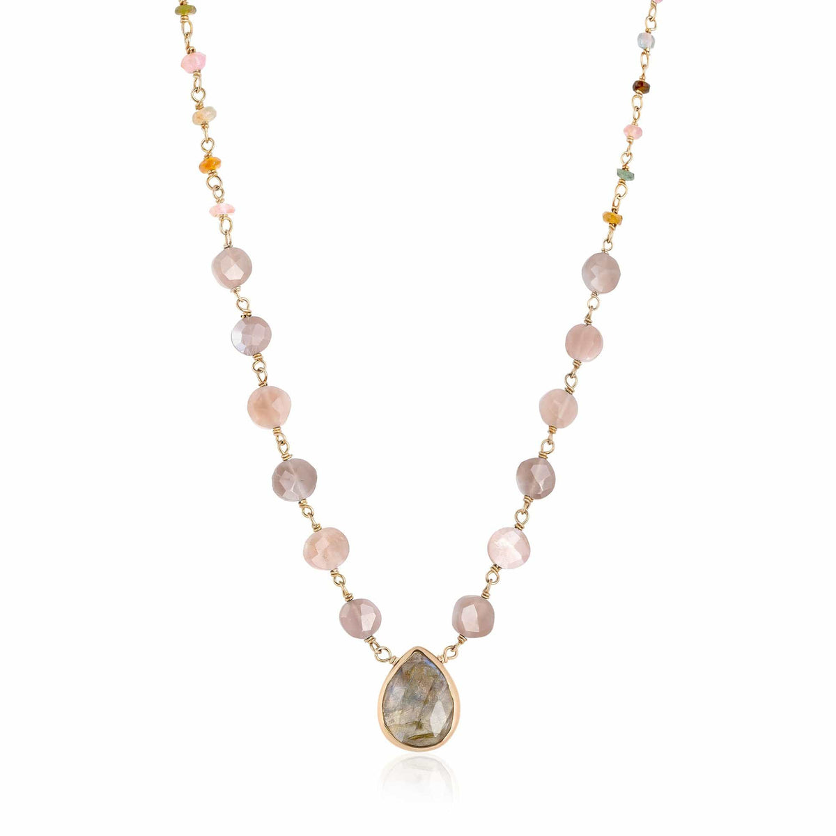 ela rae ara pendant necklace brown moonstone tourmaline labradorite 14k yellow gold plate