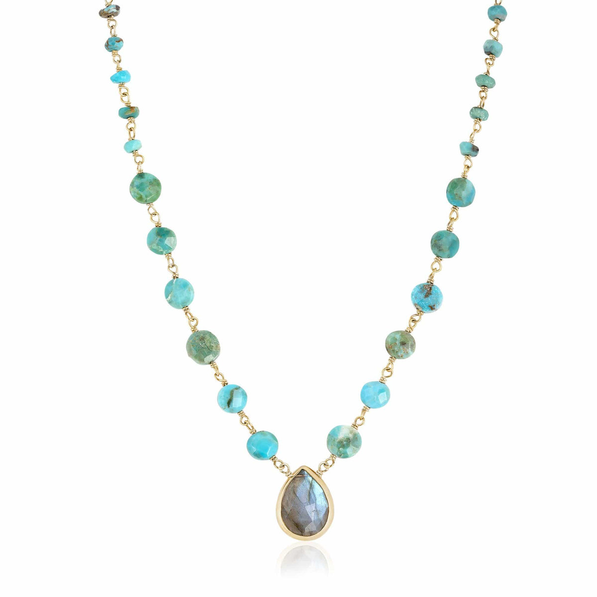 ela rae ara pendant necklace turquoise labradorite 14k yellow gold plate