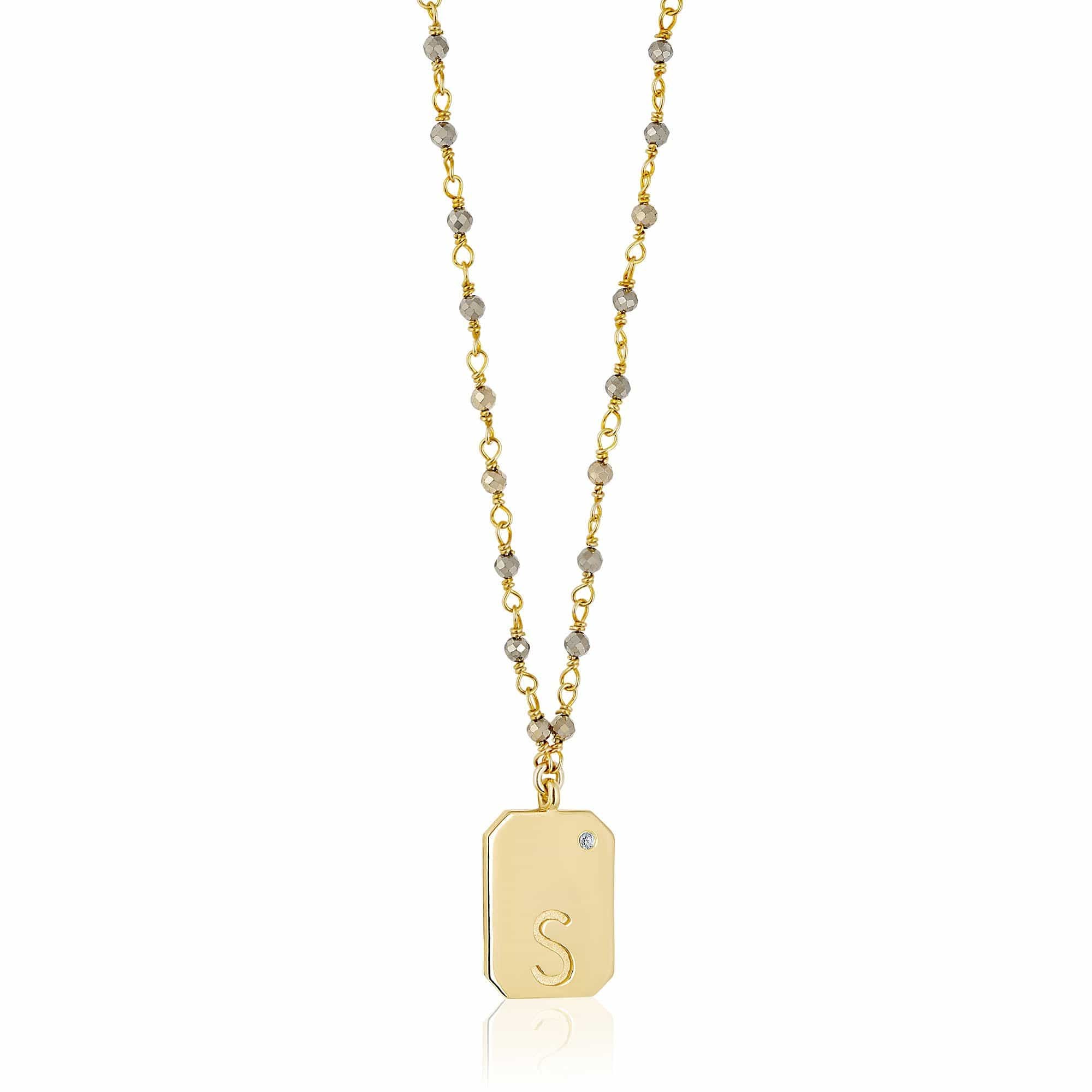 ela rae dog tag initial semi precious necklace pyrite 14k yellow gold plate white zircon