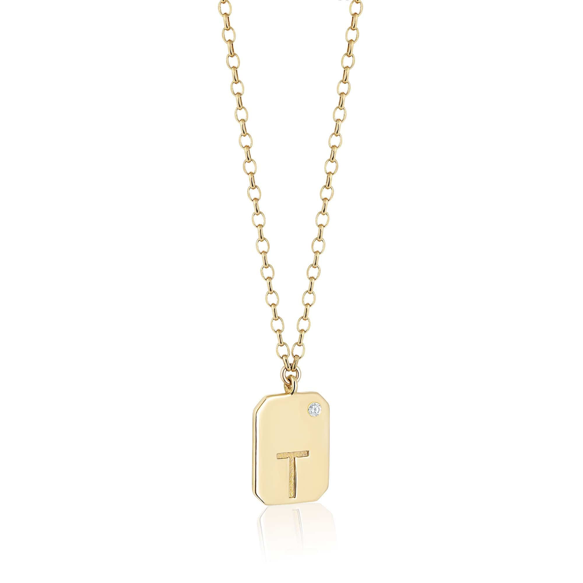 ela rae dog tag initial rolo necklace white zircon 14k yellow gold plate