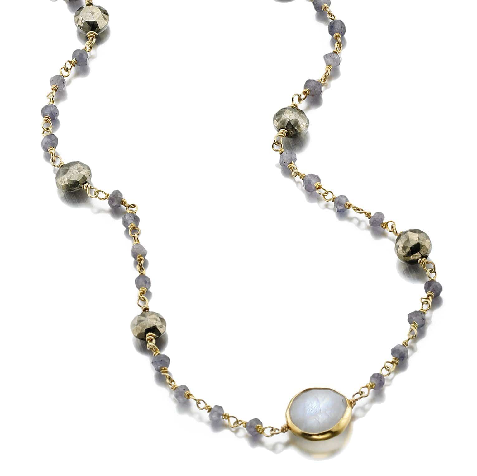 ela rae libi II satellite necklace iolite pyrite rainbow moonstone 14k yellow gold plate