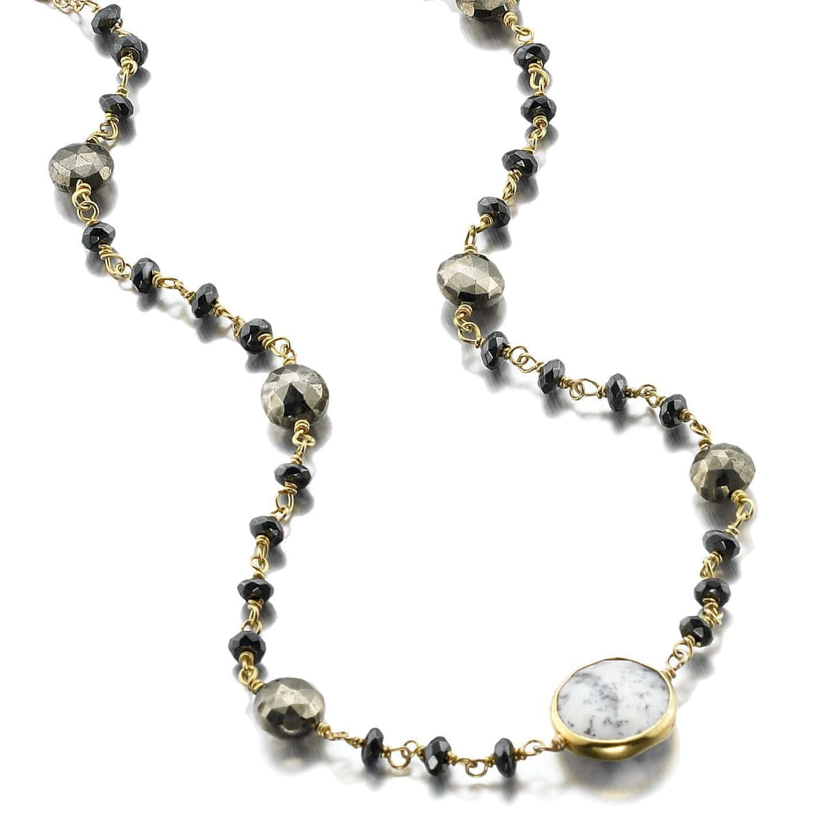 ela rae libi II satellite necklace hematite pyrite dendrite opal 14k yellow gold plate