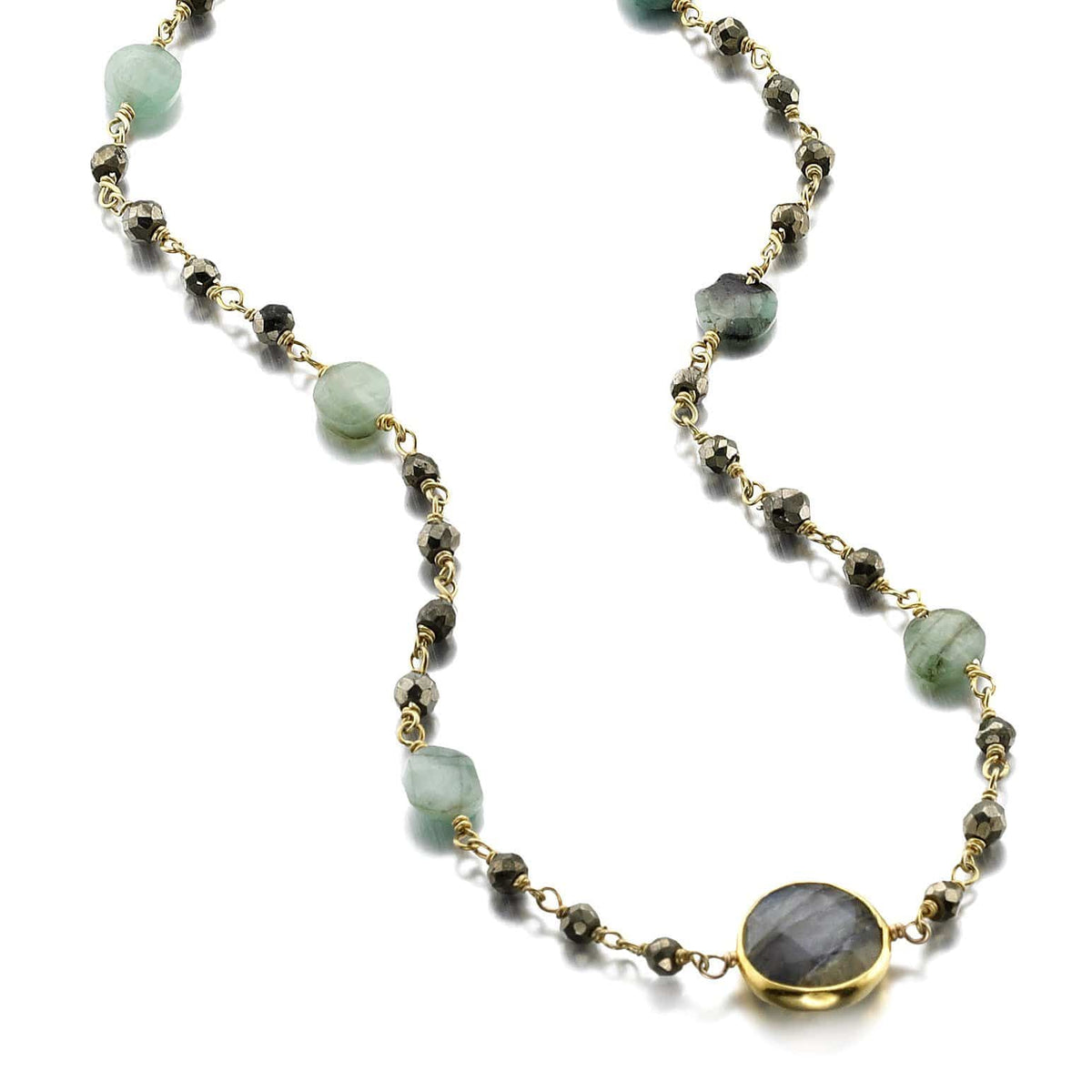 ela rae libi II satellite necklace pyrite emerald labradorite 14k yellow gold plate