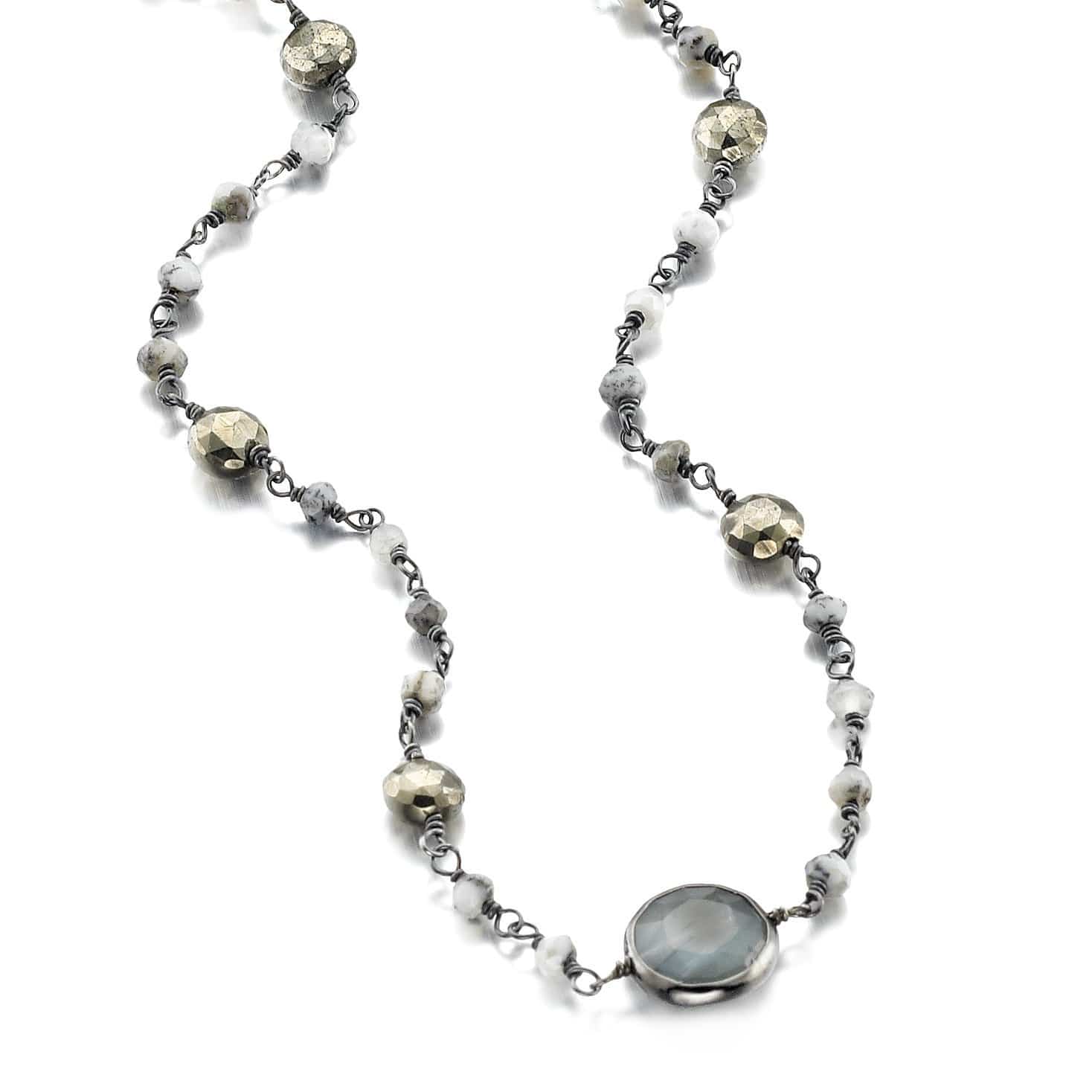 ela rae libi II satellite necklace iolite pyrite rainbow moonstone 14k yellow gold plate