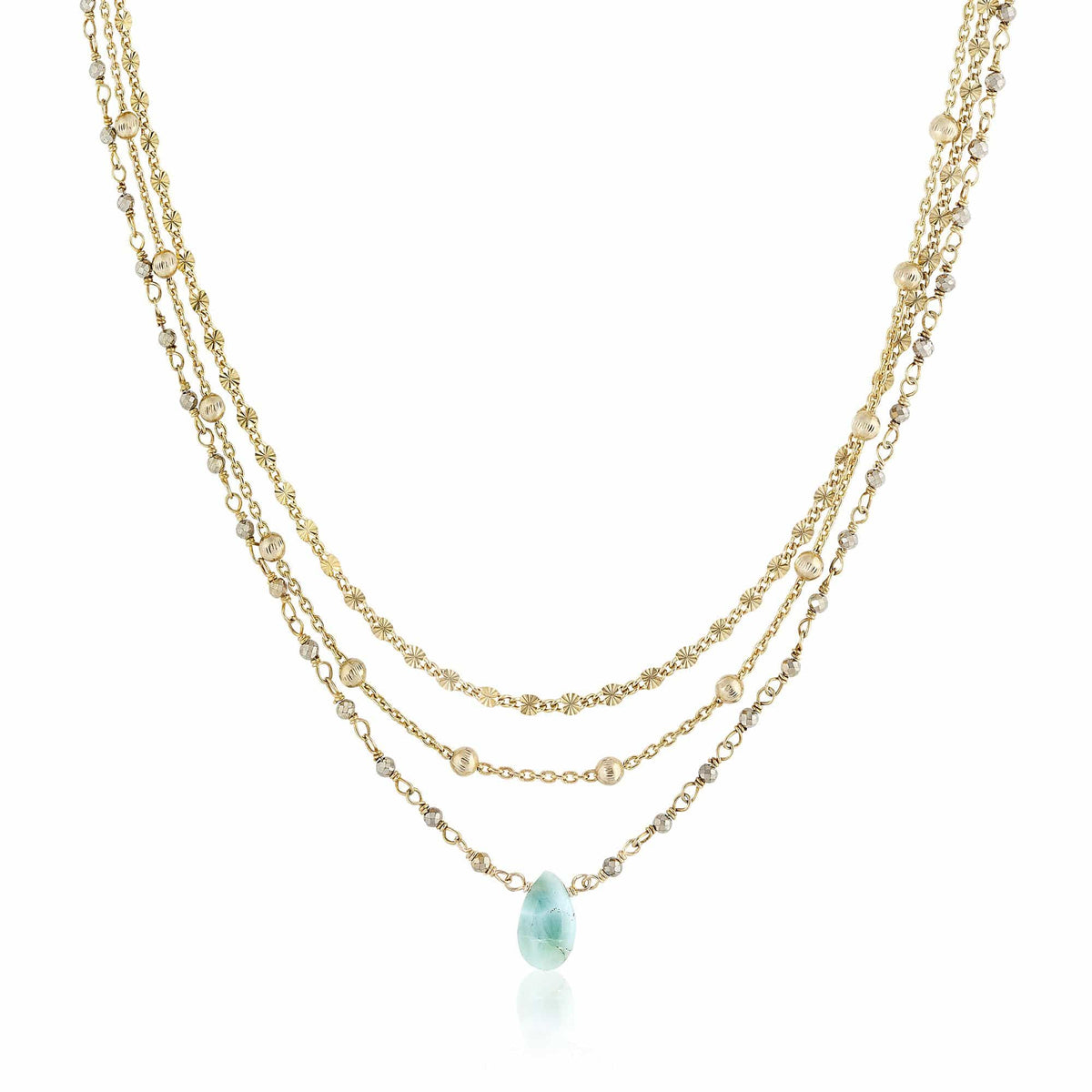 ela rae lina three in one triple layer necklace pyrite Larimar  14k yellow gold plate