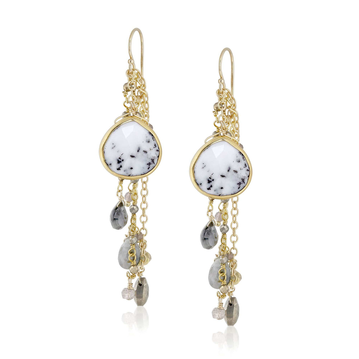 ela rae fish hook multi cluster earrings dendrite opal multi color gray 14k yellow gold plate