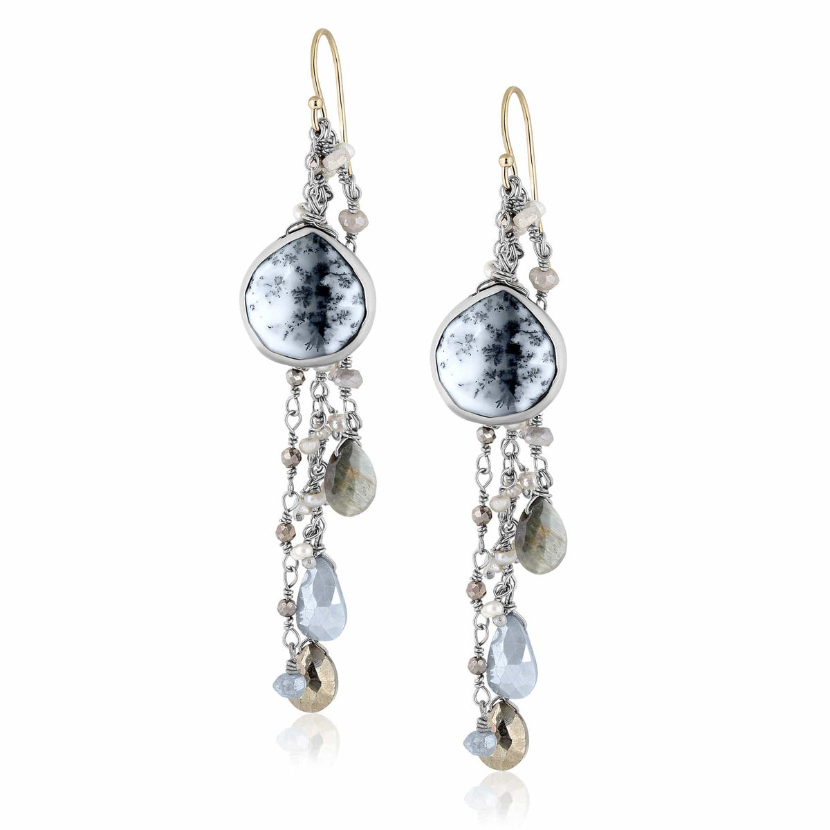 ela rae fish hook multi cluster earrings dendrite opal multi color blue sterling silver