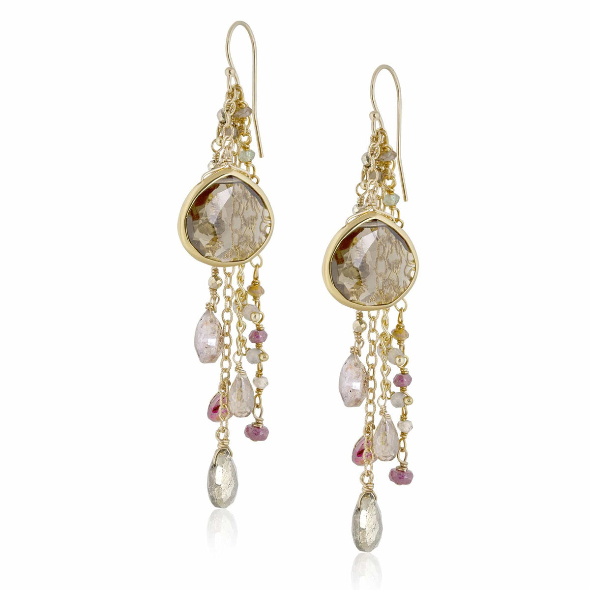 ela rae fish hook multi cluster earrings smoky quartz multi color pink 14k yellow gold plate