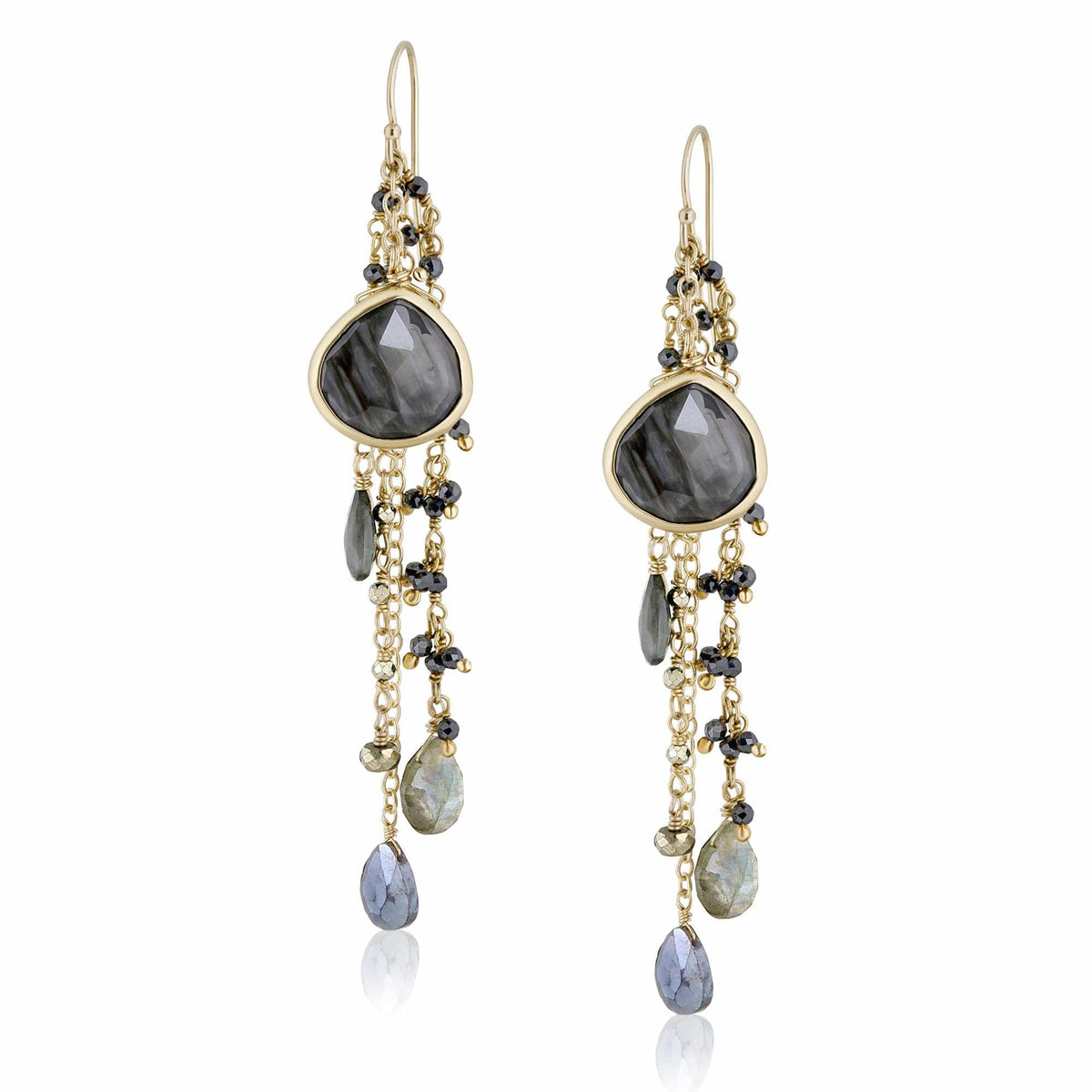 ela rae fish hook multi cluster earrings catseye multi color blue 14k yellow gold plate