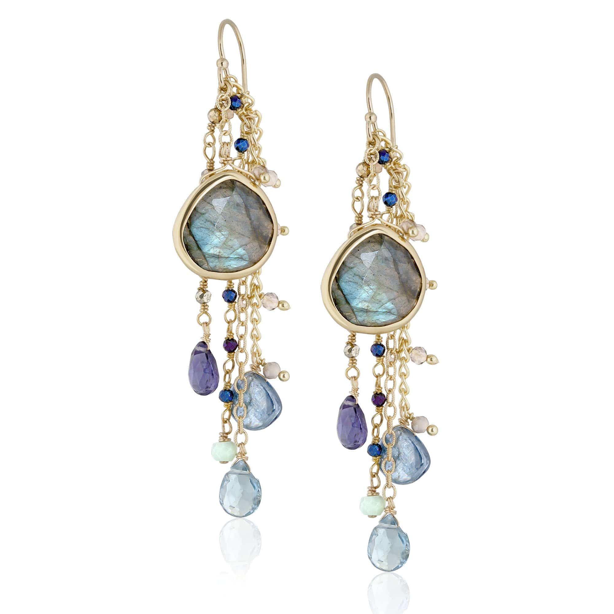 ela rae fish hook multi cluster earrings labradorite multi color blue 14k yellow gold plate