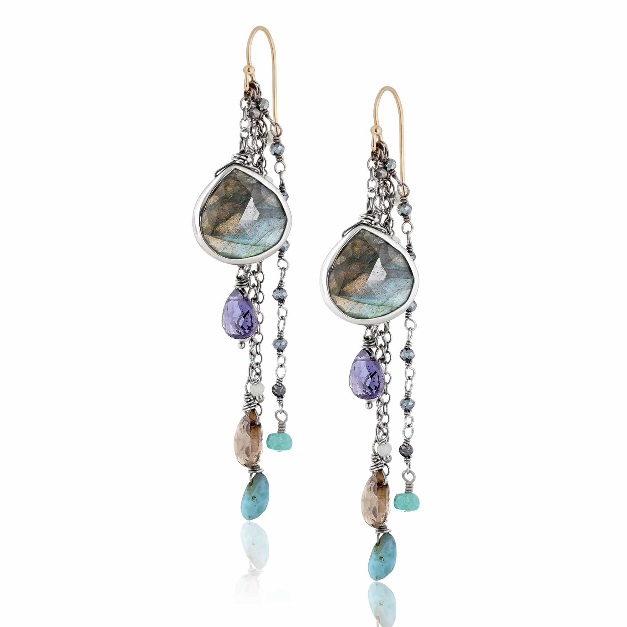 ela rae fish hook multi cluster earrings labradorite multi color blue 14k yellow gold plate