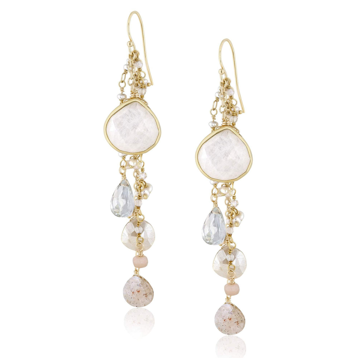 ela rae fish hook multi cluster earrings rainbow moonstone multi color 14k yellow gold plate