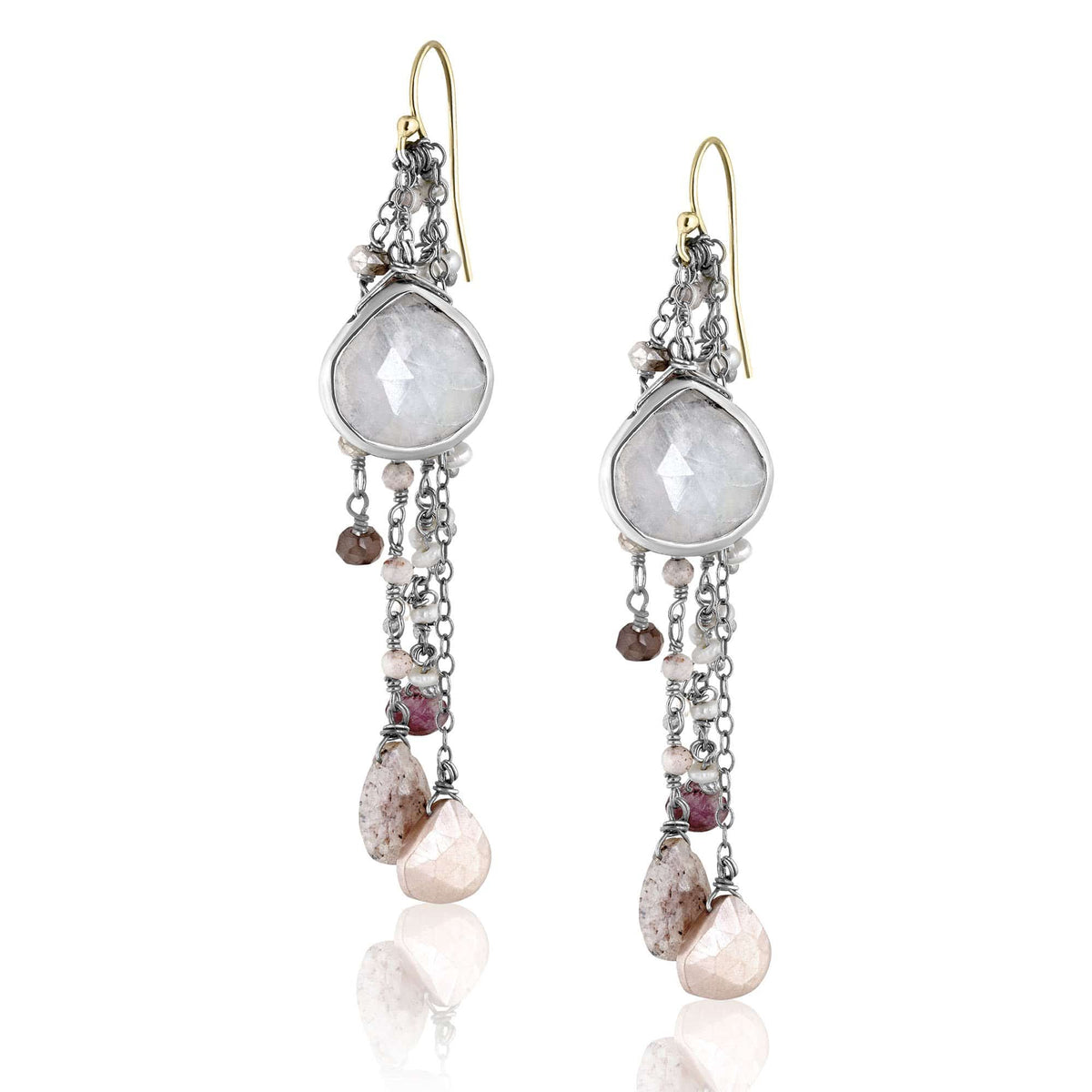 ela rae fish hook multi cluster earrings rainbow moonstone multi color pink sterling silver