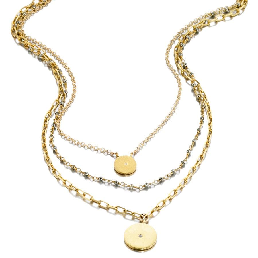 ela rae lara three in one disc necklace pyrite 14k yellow gold plate