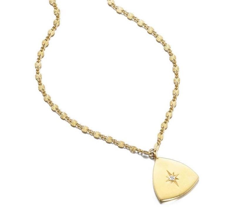 ela rae lara shield  triangle starburst charm necklace 14k yellow gold plate