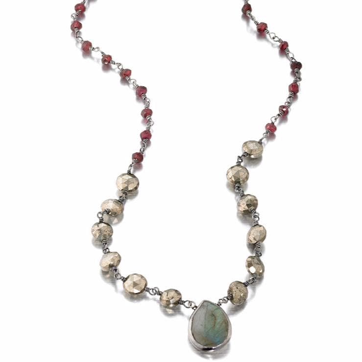 ela rae ara pendant necklace pyrite garnet labradorite black rhodium plate