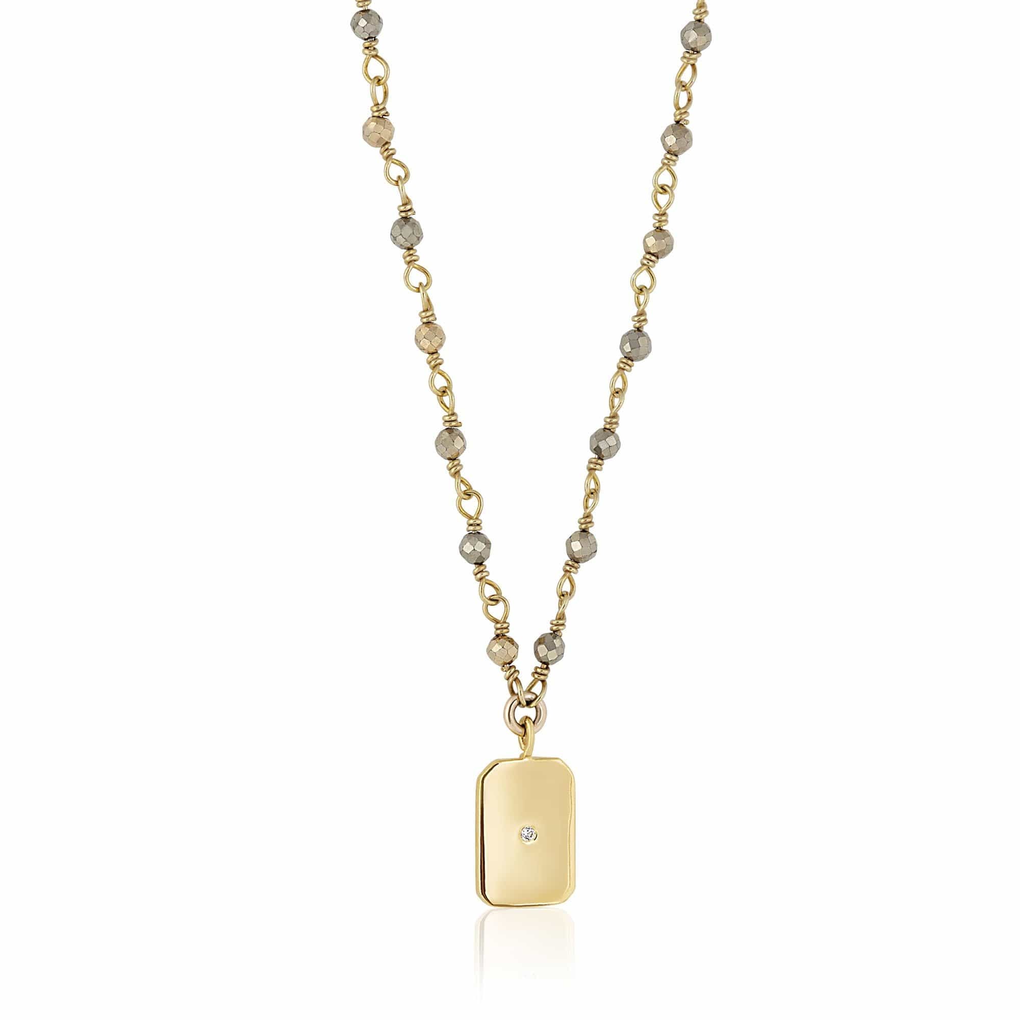 ela rae lara mini rectangle charm necklace semi precious pyrite 14k yellow gold plate
