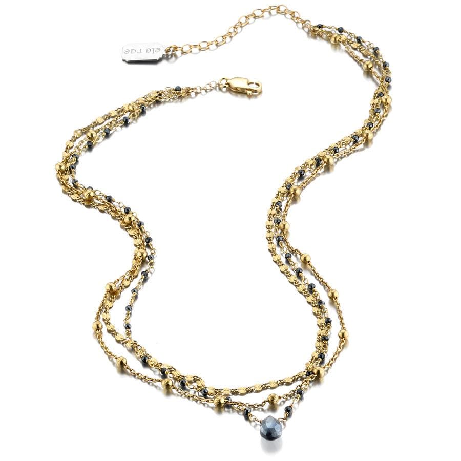 ela rae lina three in one triple layer necklace mystic black spinel moonstone 14k yellow gold plate