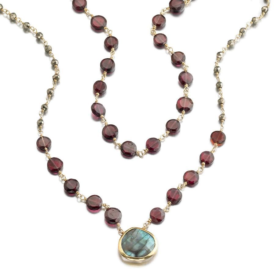 ela rae leandra 2 layer necklace garnet pyrite labradorite 14k yellow gold plate