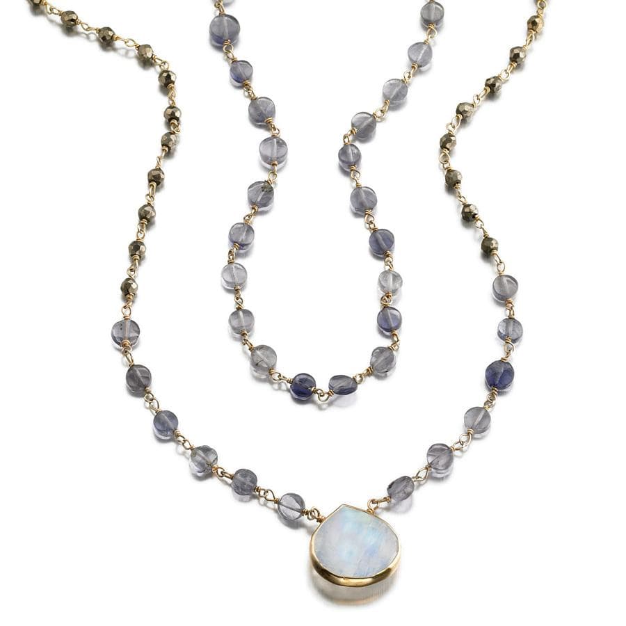 ela rae leandra 2 layer necklace iolite pyrite rainbow moonstone 14k yellow gold plate