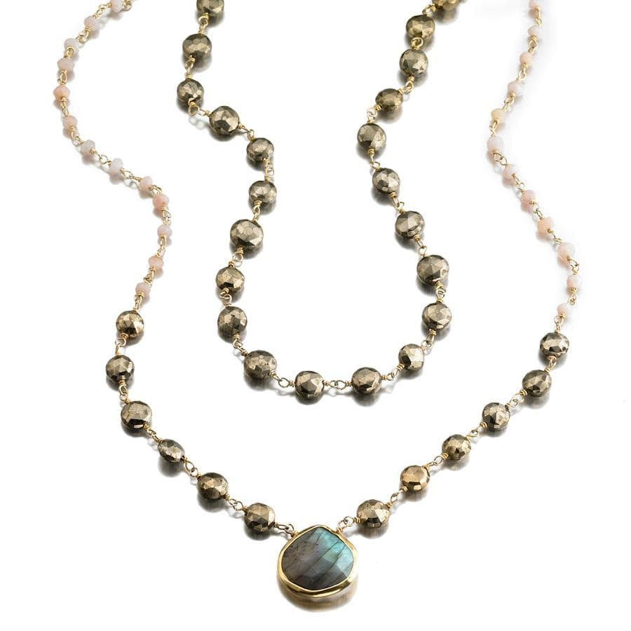 ela rae leandra 2 layer necklace pyrite pink opal labradorite 14k yellow gold plate