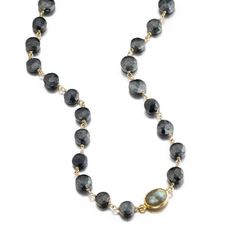 ela rae libi coin necklace mystic black spinel labradorite 14k yellow gold plate