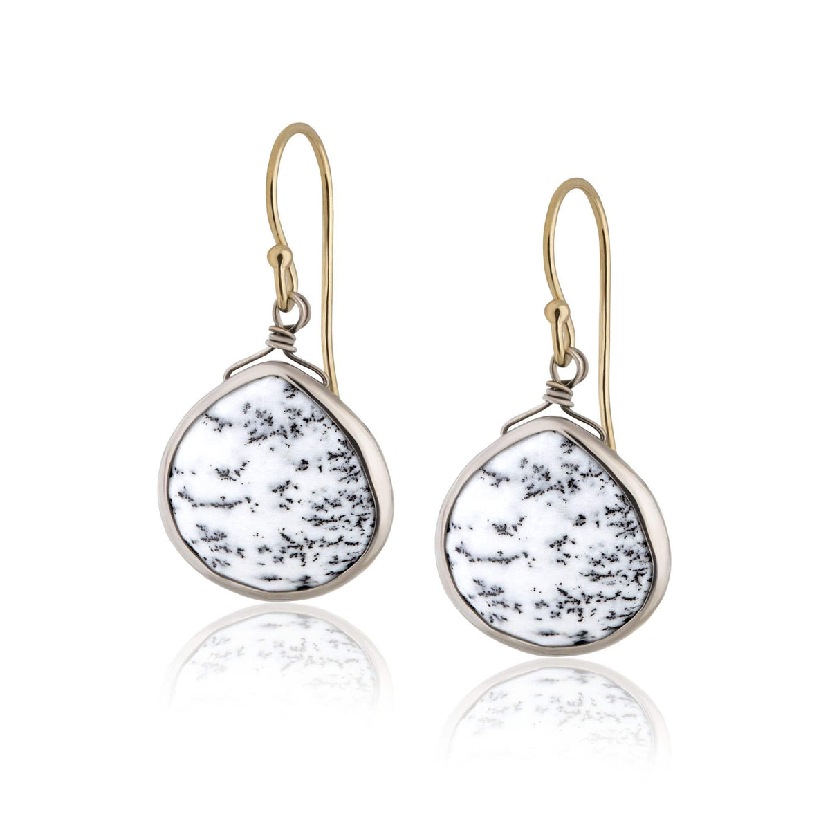 ela rae heart shape fish hook earrings dendrite opal 14k yellow gold plate sterling silver