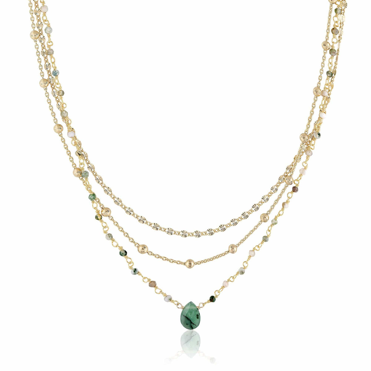 ela rae lina three in one triple layer necklace moss agate 14k yellow gold plate