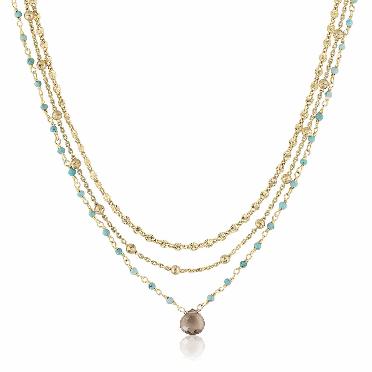 ela rae lina three in one triple layer necklace turquoise smoky quartz 14k yellow gold plate