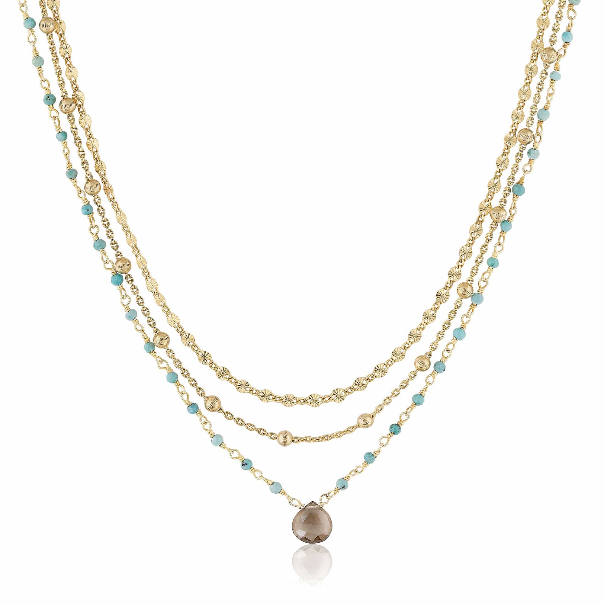 ela rae lina three in one triple layer necklace turquoise smoky quartz 14k yellow gold plate