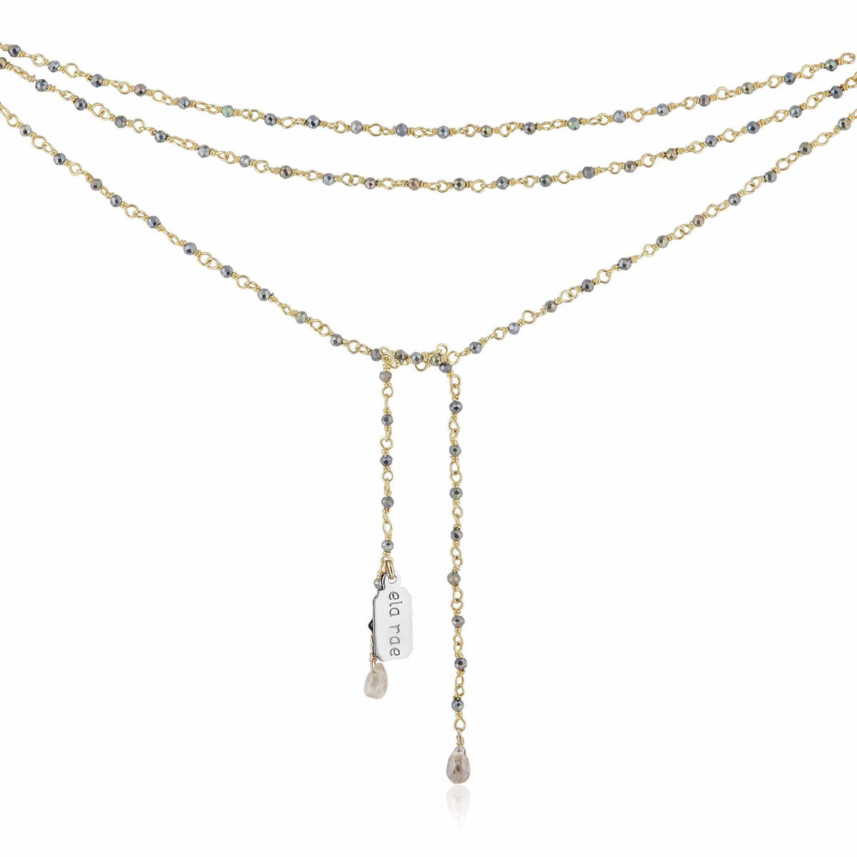 ela rae diana 2mm lariat mystic black spinel 14k yellow gold plate