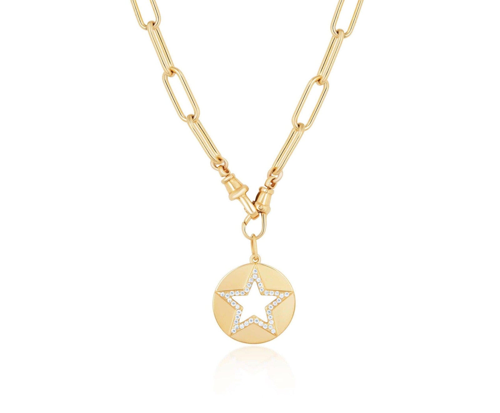 ela rae cut out star double clasp necklace white zircon 14k yellow gold plate
