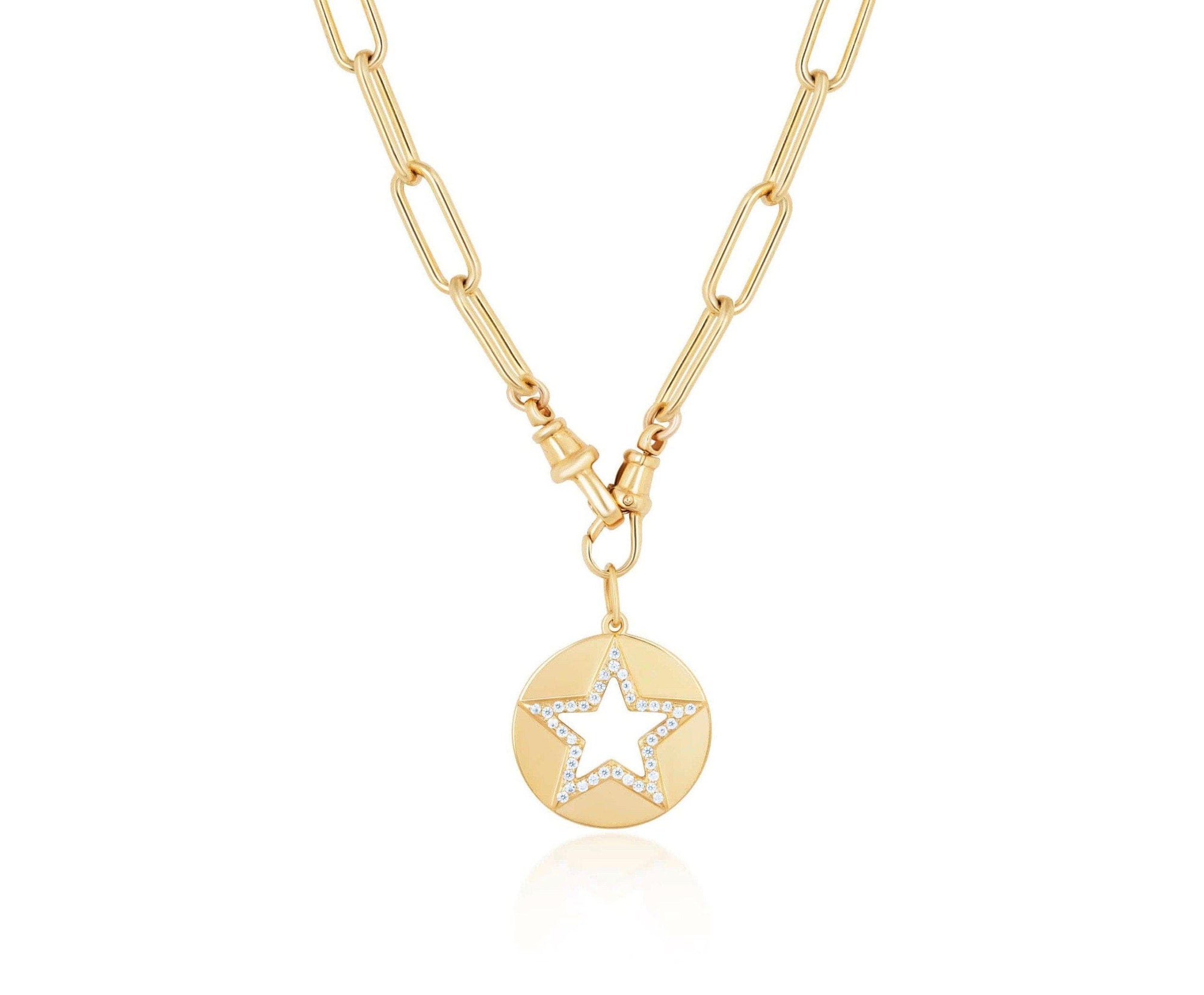 ela rae cut out star double clasp necklace white zircon 14k yellow gold plate