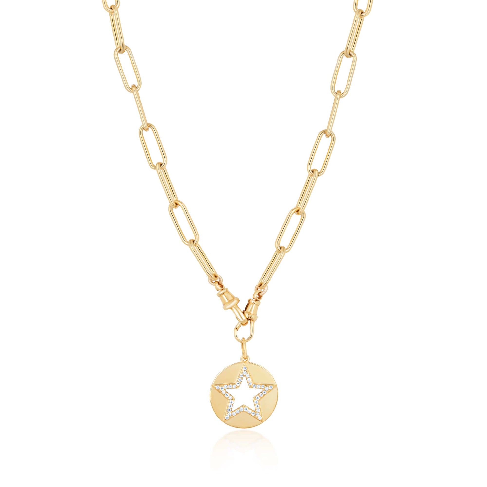 ela rae cut out star double clasp necklace white zircon 14k yellow gold plate