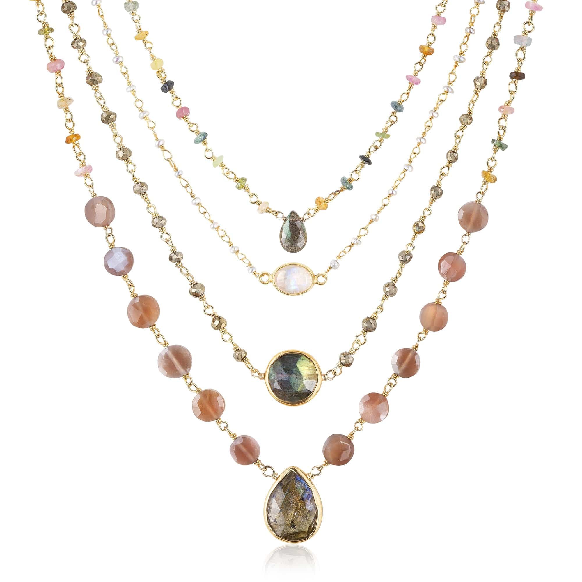 ela rae blush necklace set of 4 pyrite tourmaline rainbow moonstone brown moonstone 14k yellow gold plate