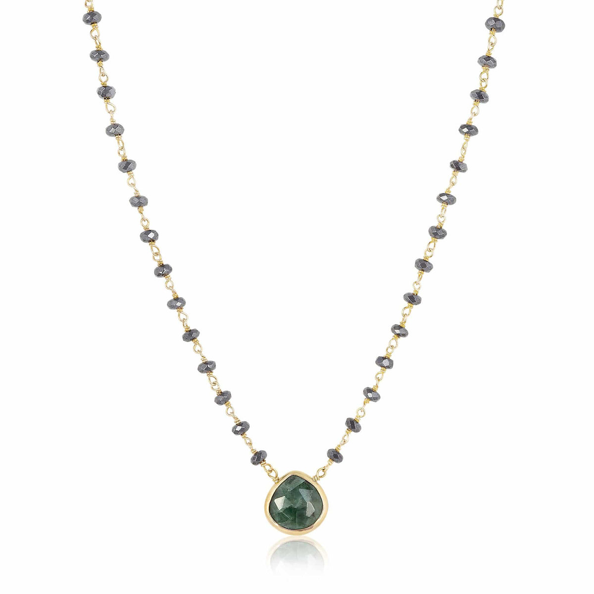 ela rae libi II heart shape hematite necklace emerald pendant 14k yellow gold plate