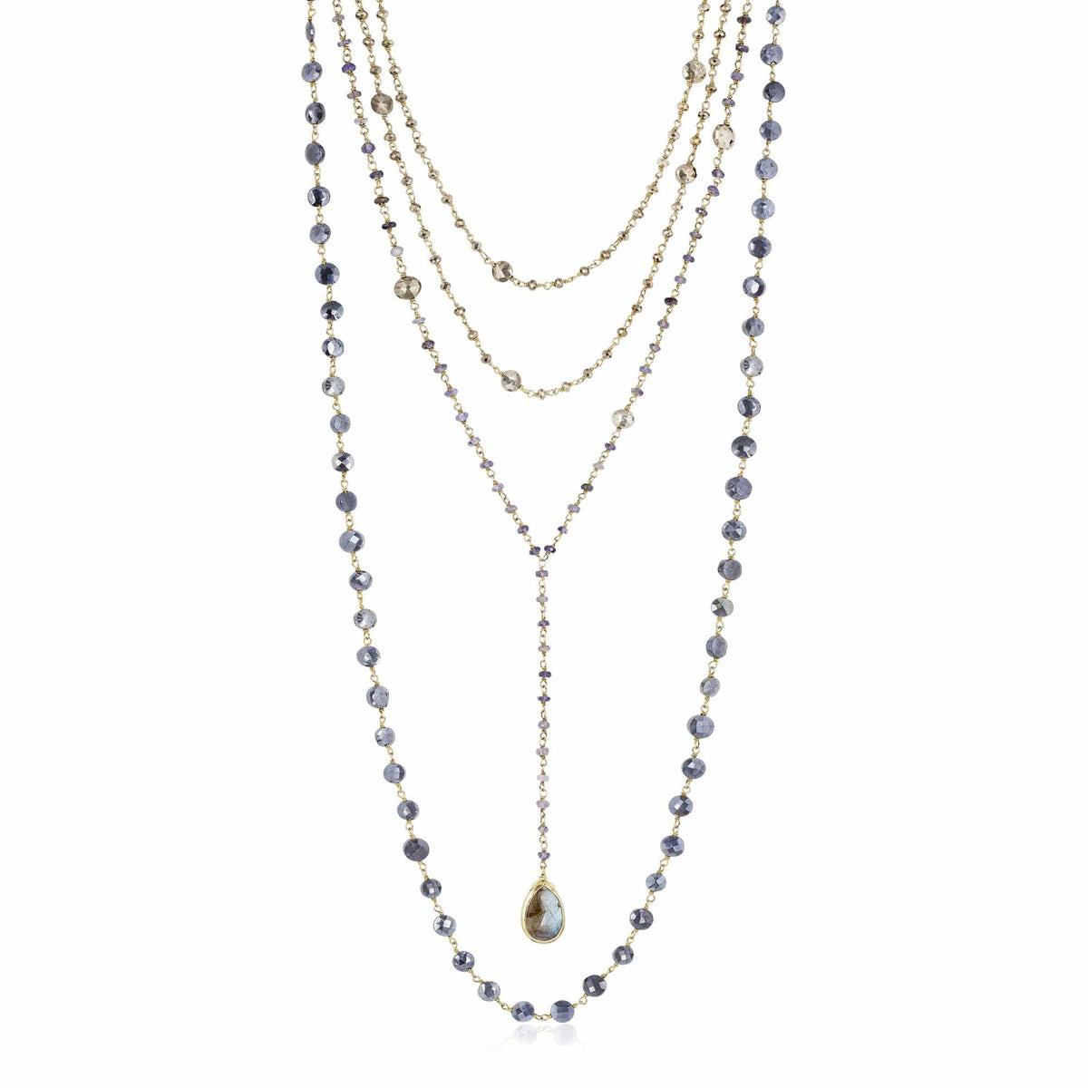 ela rae graphite long set of 3 necklaces  pyrite iolite 14k yellow gold plate