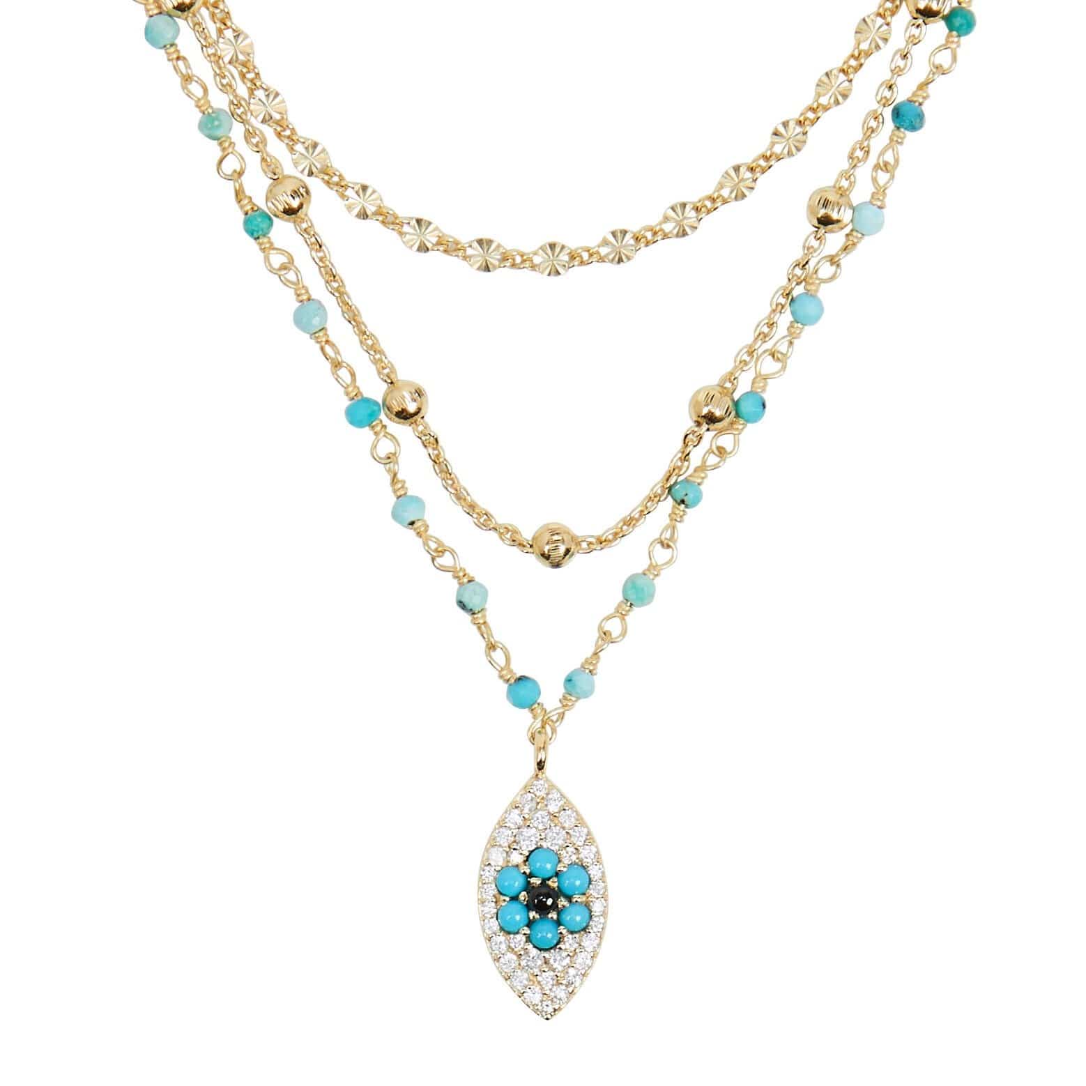 ela rae lina evil eye triple strand necklace turquoise 14k yellow gold plate