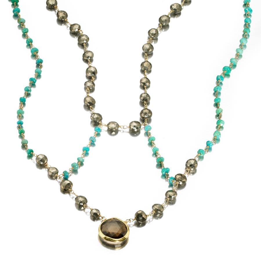 ela rae cleo necklace pyrite turquoise smoky quartz 14k yellow gold plate