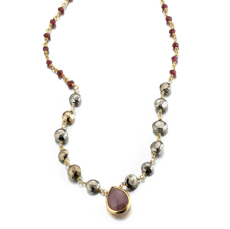 ela rae ara pendant necklace pyrite garnet brown moonstone 14k yellow gold plate