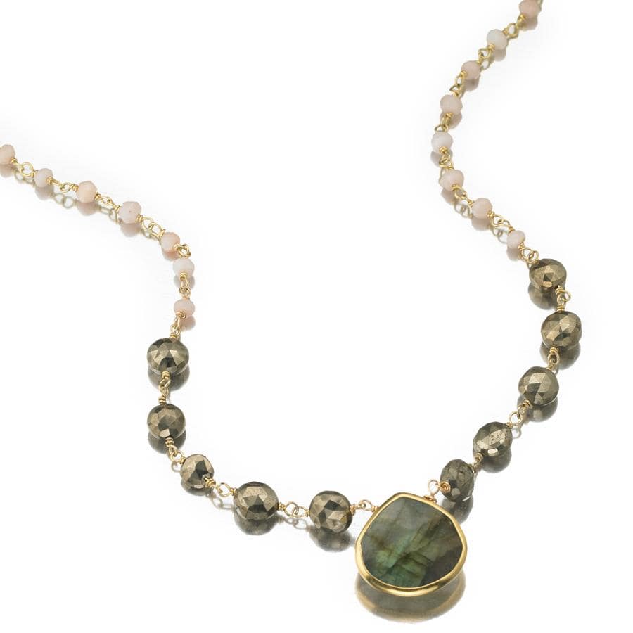 ela rae ara pendant necklace pyrite pink opal labradorite 14k yellow gold plate