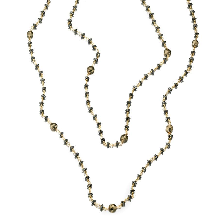ela rae diana satellite necklace hematite pyrite 14k yellow gold plate