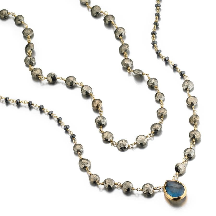 ela rae leandra 2 layer necklace pyrite hematite labradorite 14k yellow gold plate